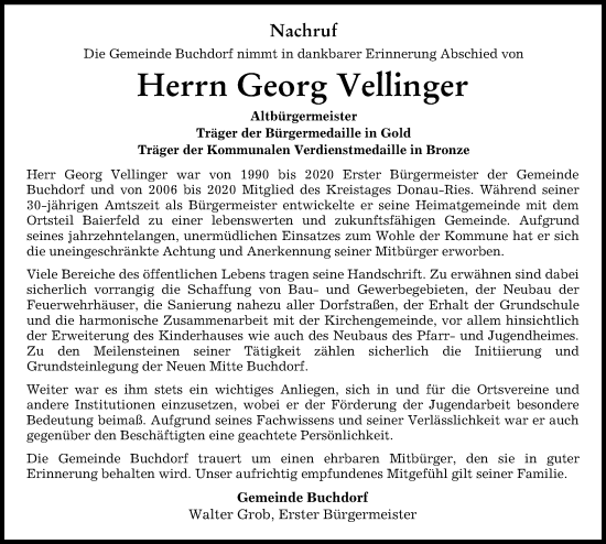 Traueranzeige von Georg Vellinger von Donauwörther Zeitung