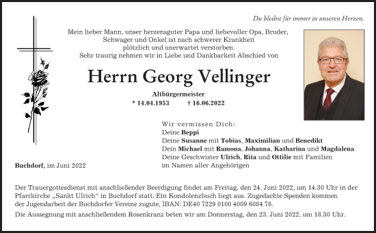 Traueranzeige von Georg Vellinger von Donauwörther Zeitung