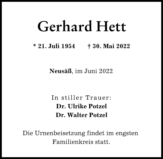 Traueranzeige von Gerhard Hett von Augsburger Allgemeine