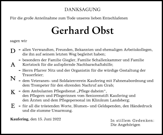 Traueranzeige von Gerhard Obst von Landsberger Tagblatt