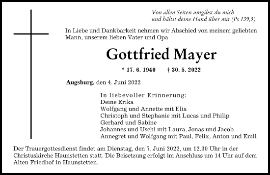Traueranzeige von Gottfried Mayer von Augsburger Allgemeine