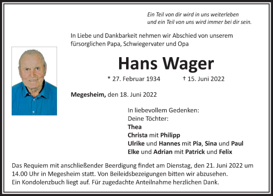 Traueranzeige von Hans Wager von Donauwörther Zeitung
