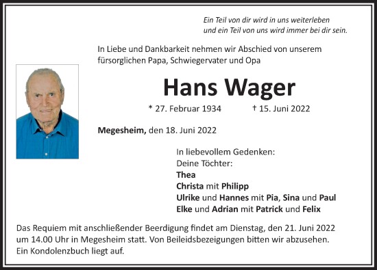 Traueranzeige von Hans Wager von Rieser Nachrichten