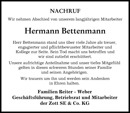 Traueranzeige von Hermann Bettenmann von Günzburger Zeitung