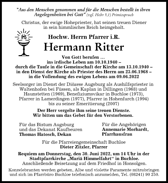 Traueranzeige von Hermann Ritter von Augsburger Allgemeine