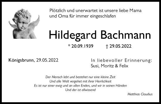Traueranzeige von Hildegard Bachmann von Augsburger Allgemeine
