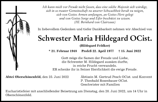 Traueranzeige von Hildegard Feldker von Augsburger Allgemeine
