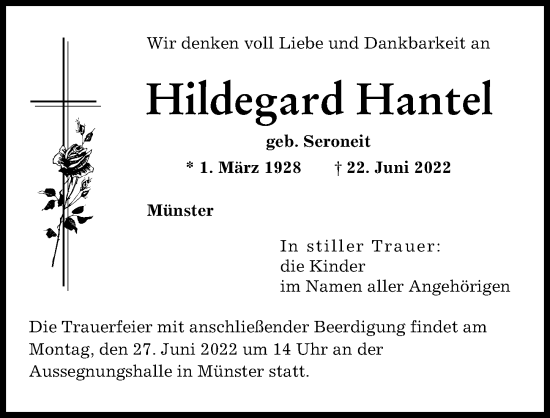 Traueranzeige von Hildegard Hantel von Neuburger Rundschau
