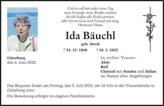 Traueranzeige von Ida Bäuchl von Günzburger Zeitung