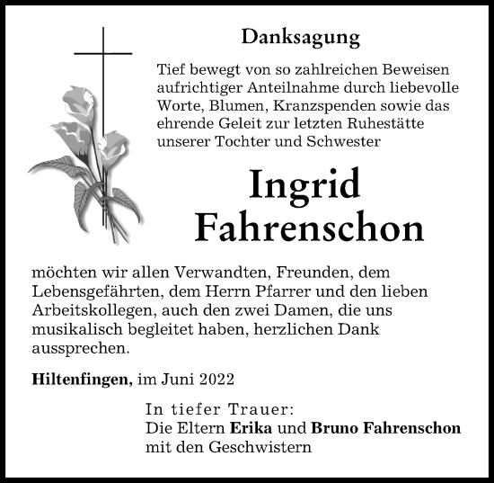 Traueranzeige von Ingrid Fahrenschon von Schwabmünchner Allgemeine