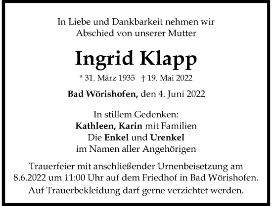 Traueranzeige von Ingrid Klapp von Mindelheimer Zeitung