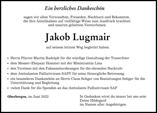 Traueranzeige von Jakob Lugmair von Landsberger Tagblatt