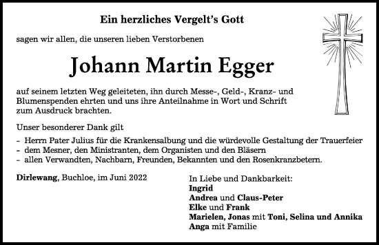 Traueranzeige von Johann Egger von Mindelheimer Zeitung