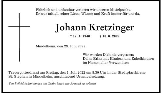 Traueranzeige von Johann Kretzinger von Mindelheimer Zeitung