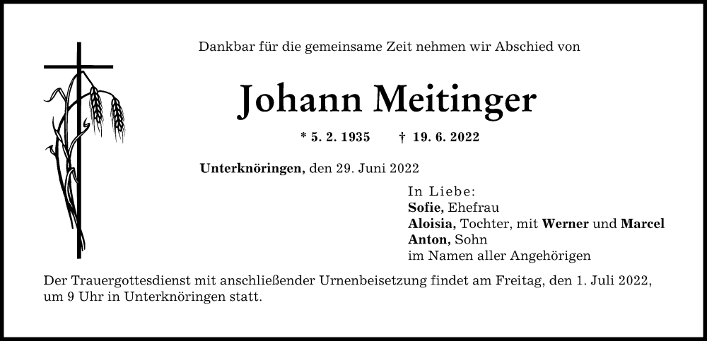 Traueranzeige für Johann Meitinger vom 29.06.2022 aus Günzburger Zeitung