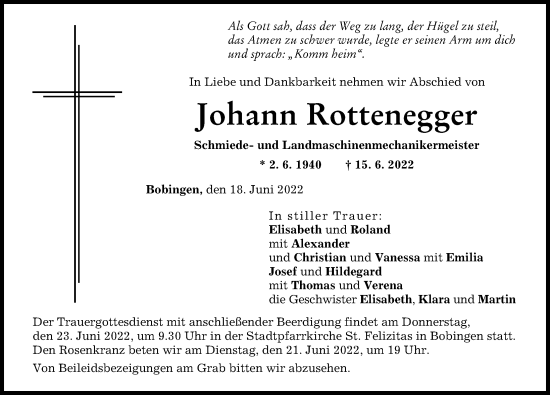Traueranzeige von Johann Rottenegger von Schwabmünchner Allgemeine