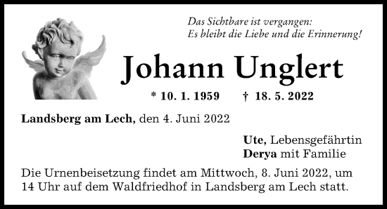 Traueranzeige von Johann Unglert von Landsberger Tagblatt