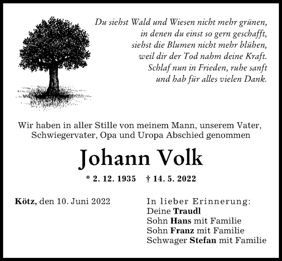 Traueranzeige von Johann Volk von Günzburger Zeitung