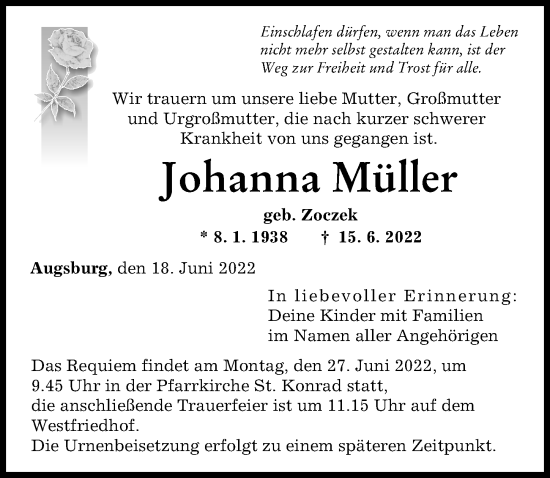 Traueranzeige von Johanna Müller von Augsburger Allgemeine