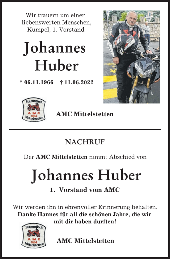 Traueranzeige von Johannes Huber von Friedberger Allgemeine