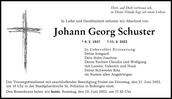 Traueranzeige von Johann Georg Schuster von Augsburger Allgemeine