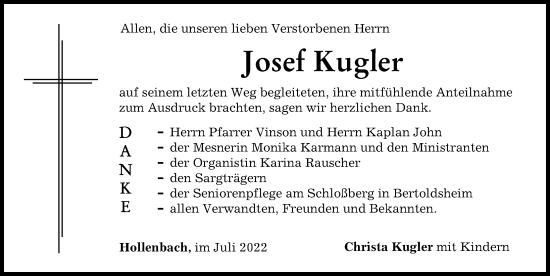 Traueranzeige von Josef Kugler von Neuburger Rundschau