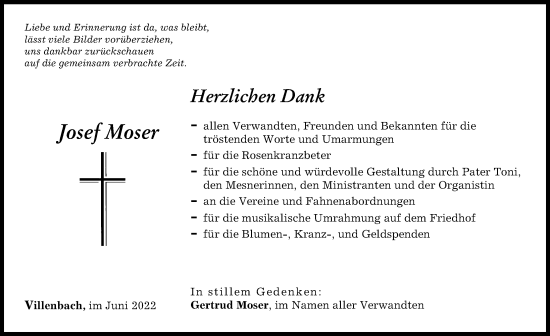 Traueranzeige von Josef Moser von Wertinger Zeitung, Augsburg-Land