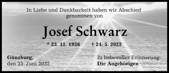Traueranzeige von Josef Schwarz von Günzburger Zeitung