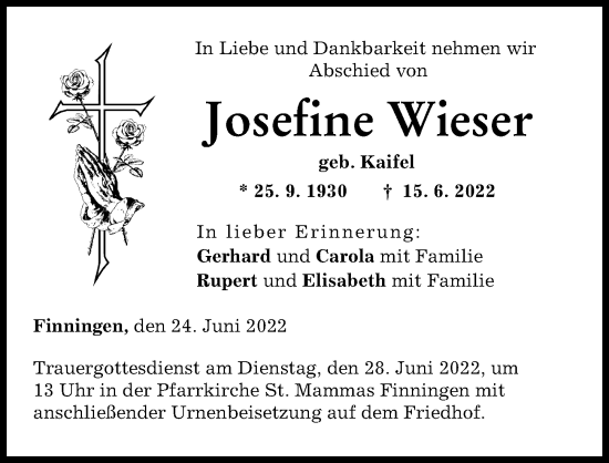Traueranzeige von Josefine Wieser von Augsburger Allgemeine, Neu-Ulmer Zeitung