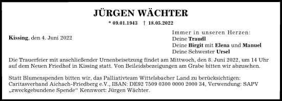 Traueranzeige von Jürgen Wächter von Friedberger Allgemeine