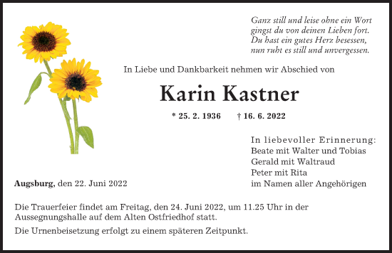 Traueranzeige von Karin Kastner von Augsburger Allgemeine