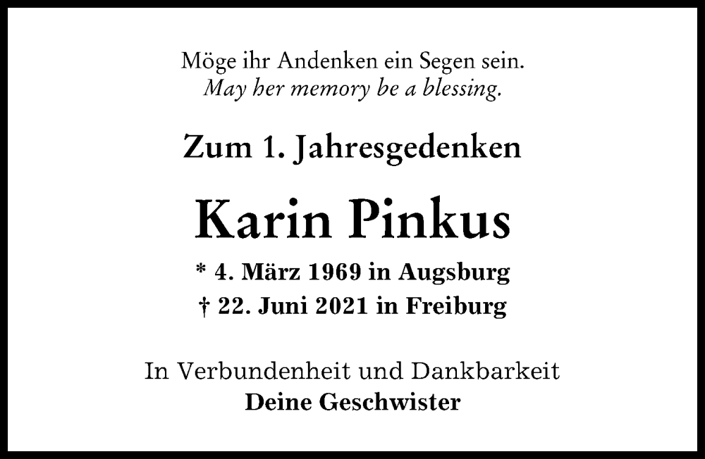  Traueranzeige für Karin Pinkus vom 25.06.2022 aus Augsburger Allgemeine
