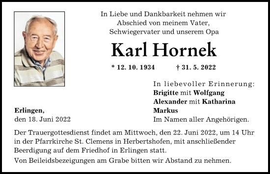 Traueranzeige von Karl Hornek von Augsburg-Land