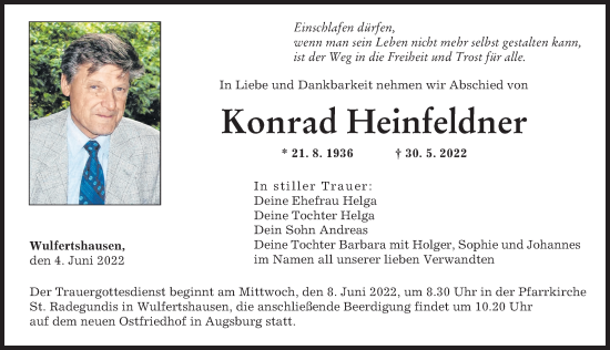 Traueranzeige von Konrad Heinfeldner von Friedberger Allgemeine, Augsburger Allgemeine