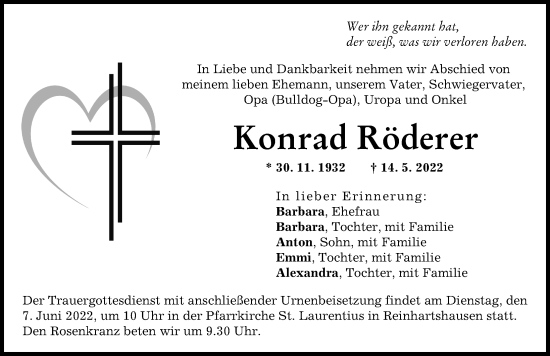 Traueranzeige von Konrad Röderer von Schwabmünchner Allgemeine, Augsburg-Land