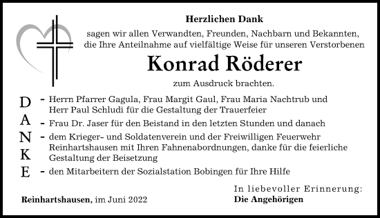 Traueranzeige von Konrad Röderer von Schwabmünchner Allgemeine