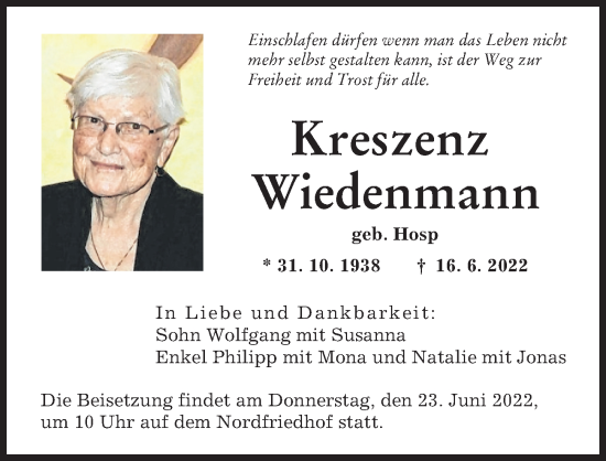 Traueranzeige von Kreszenz Wiedenmann von Augsburger Allgemeine