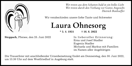 Traueranzeige von Laura Ohnesorg von Augsburger Allgemeine