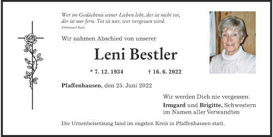 Traueranzeige von Leni Bestler von Mindelheimer Zeitung