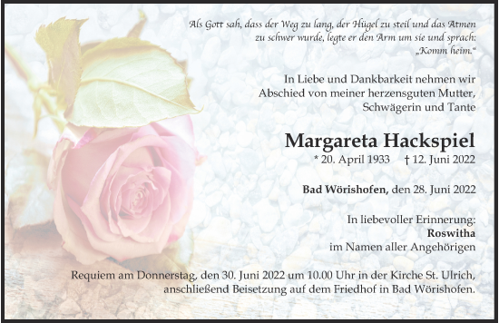 Traueranzeige von Margareta Hackspiel von Mindelheimer Zeitung