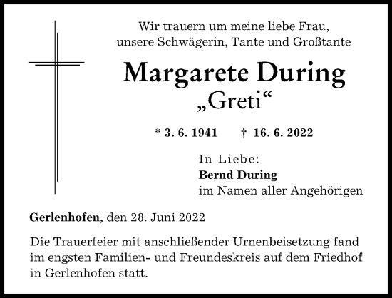 Traueranzeige von Margarete During von Augsburger Allgemeine, Neu-Ulmer Zeitung