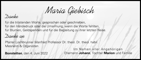 Traueranzeige von Maria Giebisch von Wertinger Zeitung, Augsburg-Land