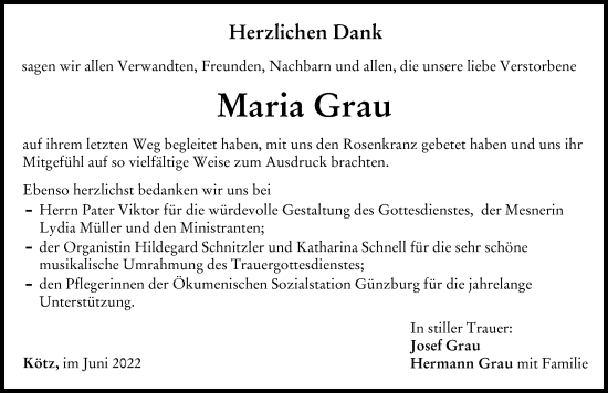 Traueranzeige von Maria Grau von Günzburger Zeitung