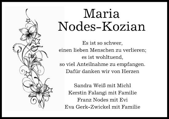 Traueranzeige von Maria Nodes-Kozian von Günzburger Zeitung