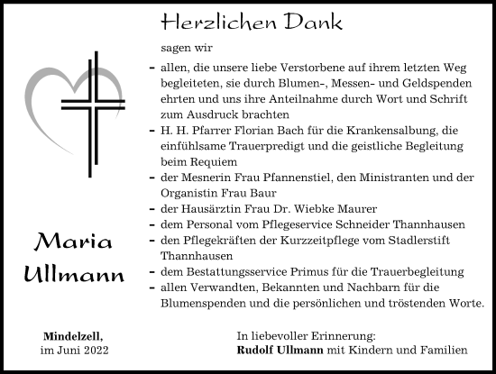 Traueranzeige von Maria Ullmann von Mittelschwäbische Nachrichten