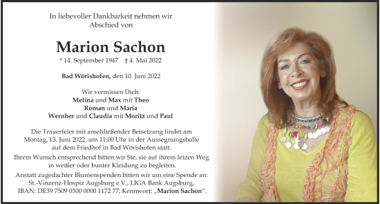 Traueranzeige von Marion Sachon von Mindelheimer Zeitung