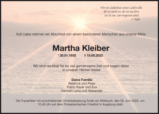 Traueranzeige von Martha Kleiber von Augsburger Allgemeine