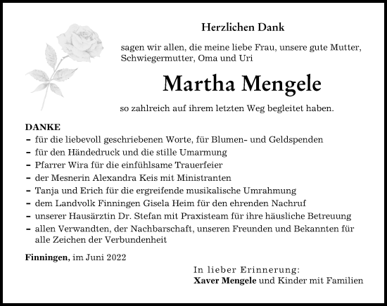 Traueranzeige von Martha Mengele von Donau Zeitung