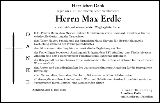 Traueranzeige von Max Erdle von Aichacher Nachrichten