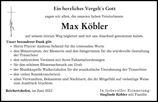 Traueranzeige von Max Köbler von Schwabmünchner Allgemeine